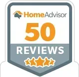HomeAdvisor badge showing “50 reviews” with five gold stars