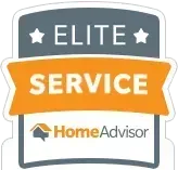 HomeAdvisor Elite Service badge with gray, orange, and white text and stars