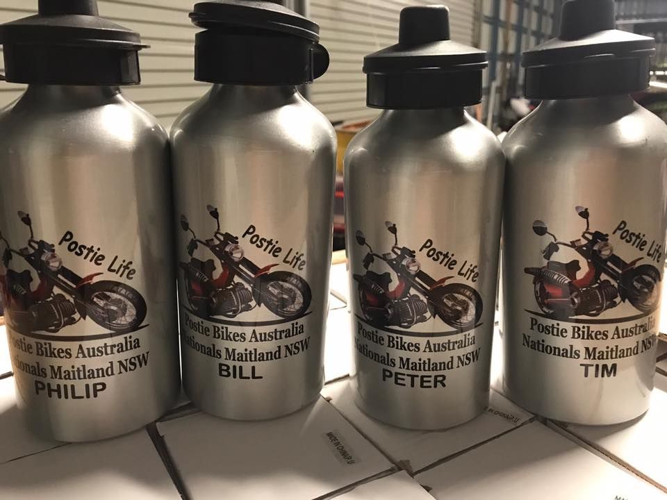 Four Aluminum Water Bottles With Motorcycles Prints On Them — Accolades Awards Hunter Valley In Maitland, NSW