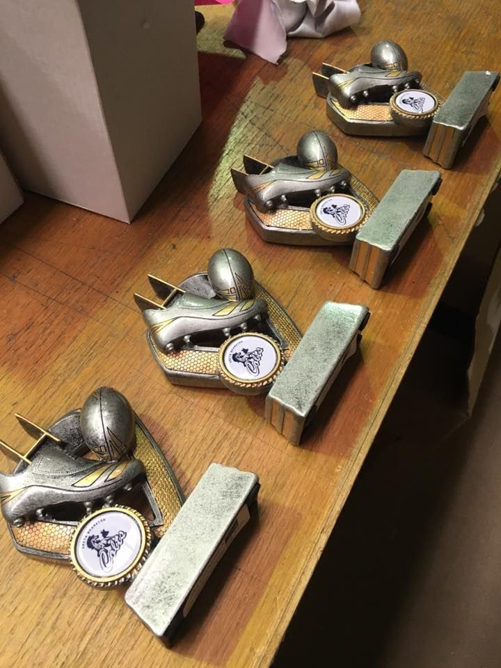 Row Of Trophies On Top Of A Wooden Table — Accolades Awards Hunter Valley In Maitland, NSW