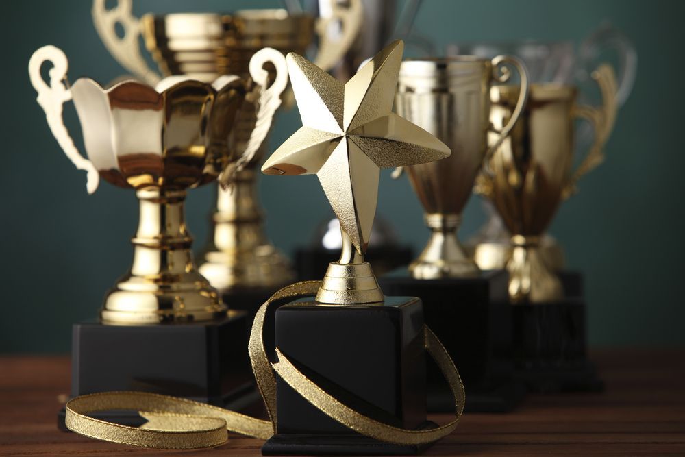 Group Of Trophies Are On Top Of A Wooden Table — Accolades Awards Hunter Valley In Maitland, NSW