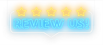 A neon sign that says review us with five stars.