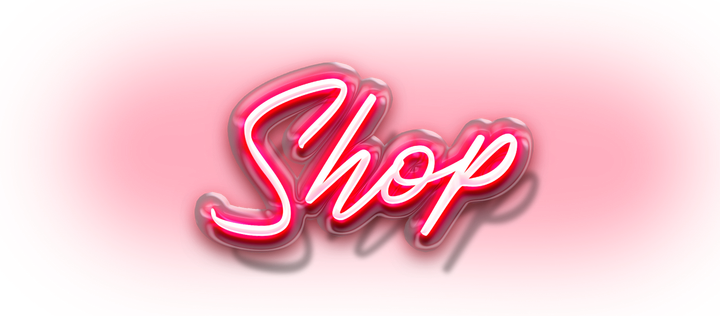 A pink neon sign that says `` shop '' on a white background.