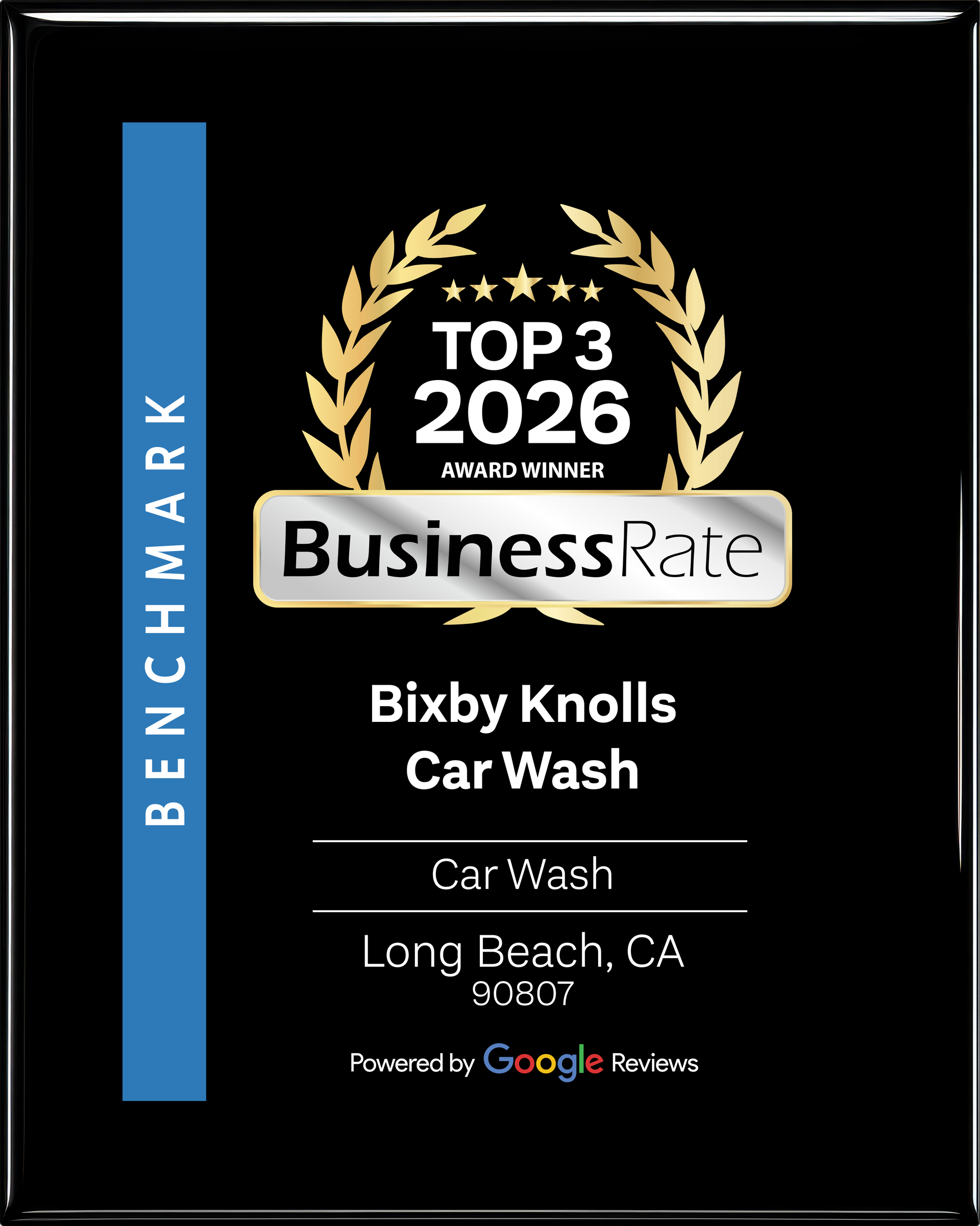 Top 3 Business Award Black award plaque for Bizby Knolls Car Wash, Top 3 2026 BusinessRate benchmark badge with Google reviews