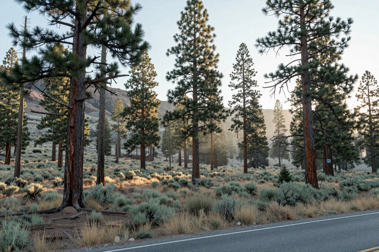 Ponderosa pine forest along a Central Oregon roadside at early morning light