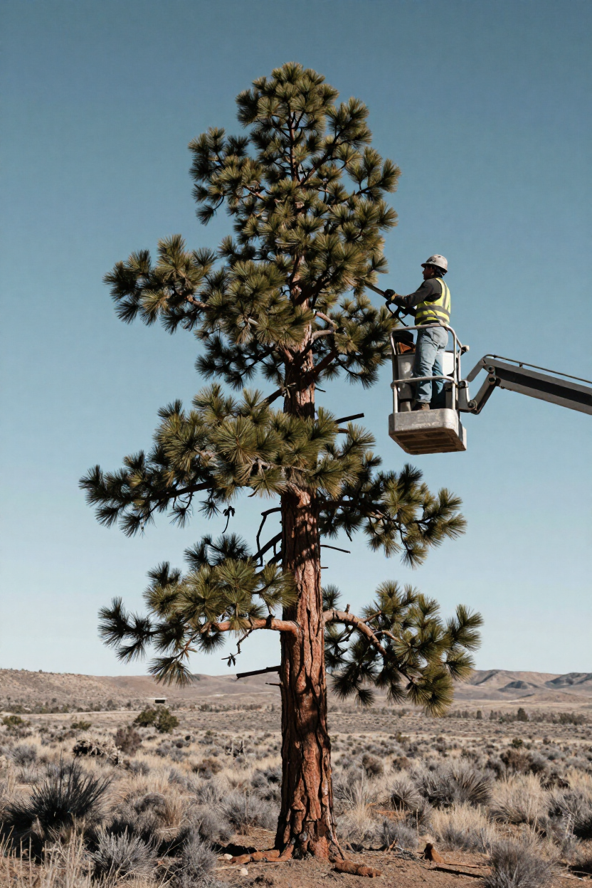 Arborist trimming a ponderosa pine on a lift truck in Central Oregon