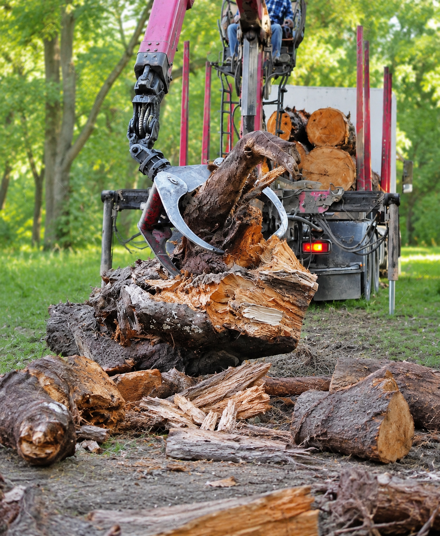 Commercial tree crew with bucket truck and chipping equipment on a large property