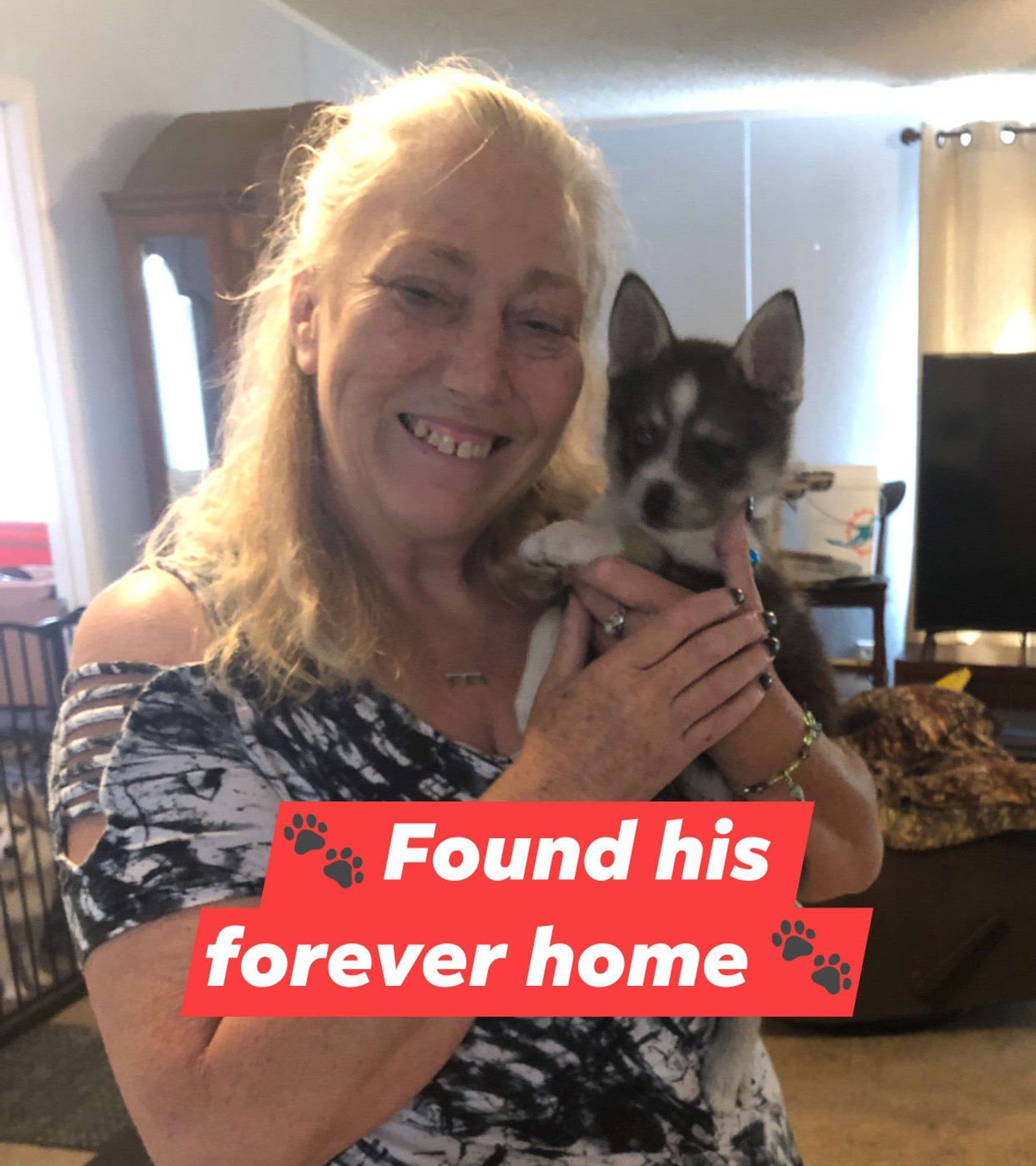 Woman smiling, holding a puppy, text reads: 