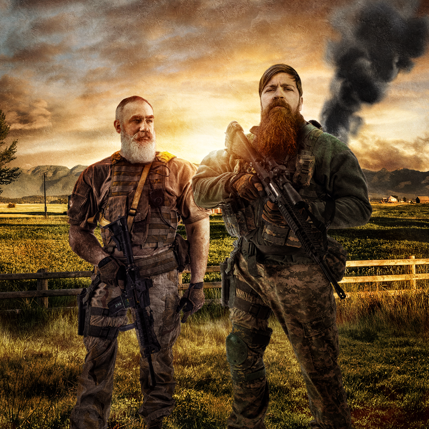 Two men in military uniforms are standing in a field