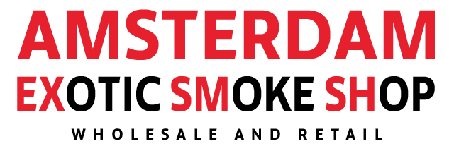 Amsterdam Exotic Smoke Shop sign with red and black text on a white background, wholesale and retail