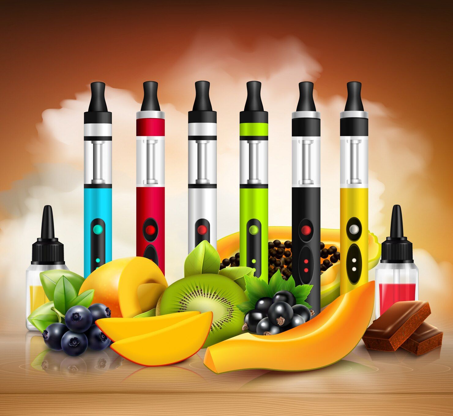 Row of colorful vape pens behind assorted fruits, berries, and chocolate on a wooden surface.