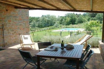 A table and chairs on a patio with a view of a swimming pool.