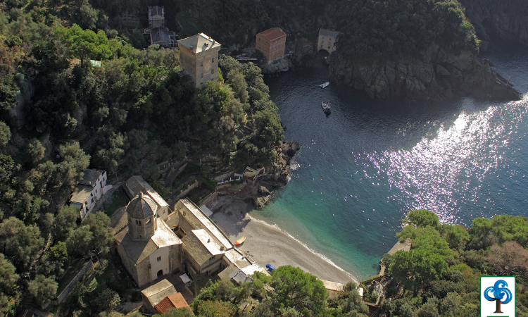 Coastal village with buildings, beach, and tower, surrounded by trees and sea.