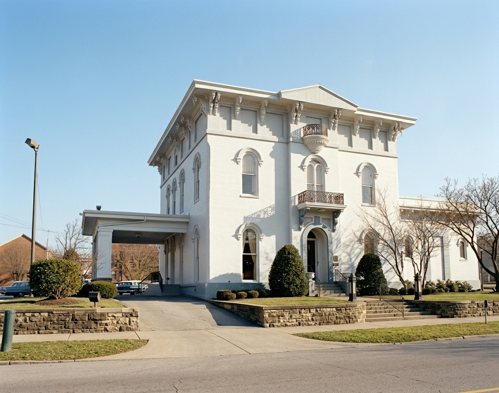 White two-story building with arched windows and a covered entrance on a sunny street corner