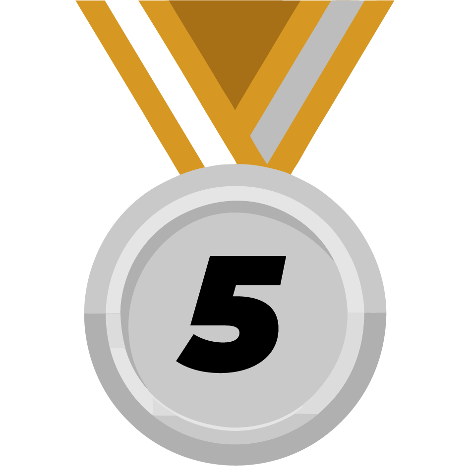 Step 5 of 9: Silver medal with gold lanyard and number 5, illustrating the medal production stage.