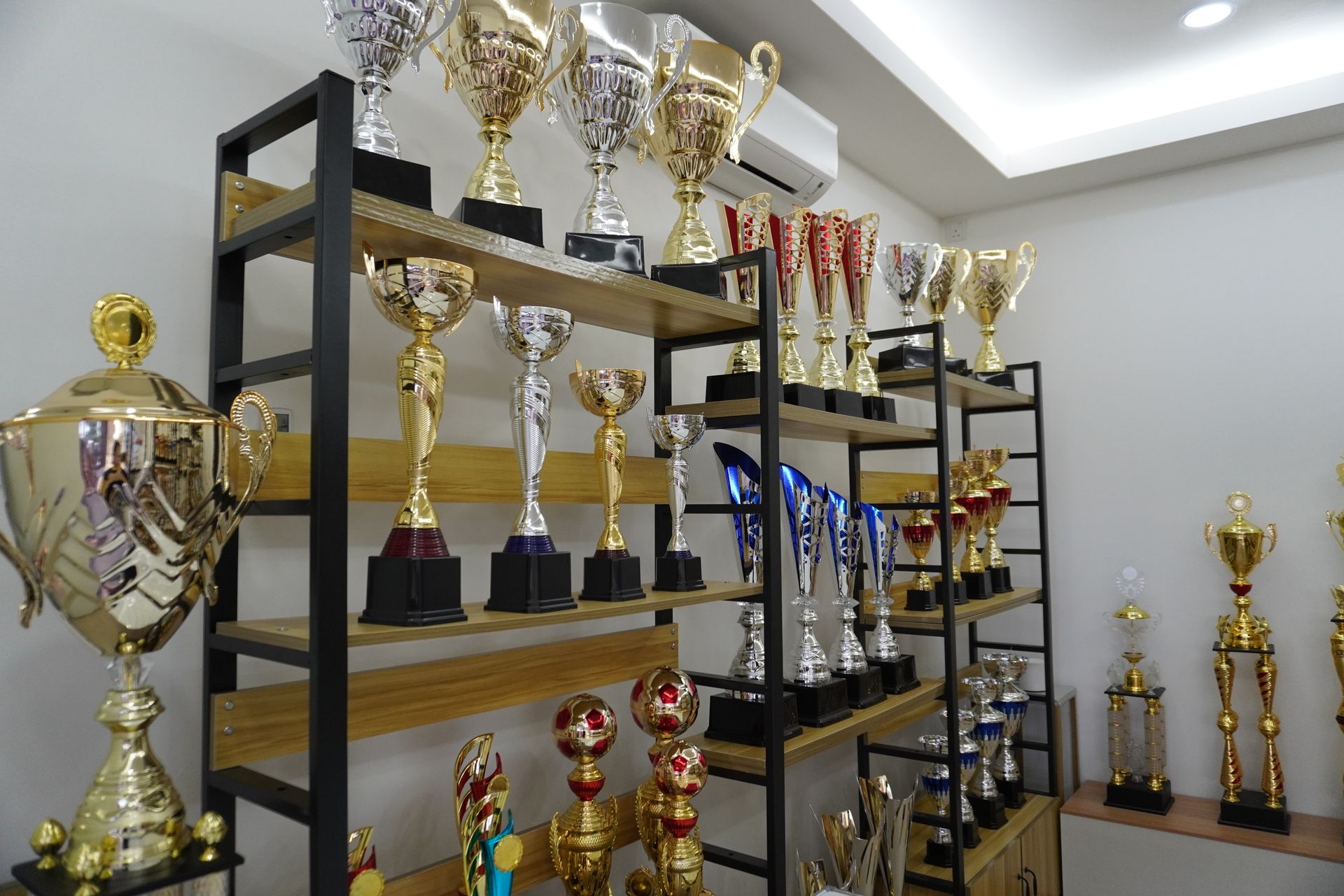 Showcase display at Baguss Enterprise — featuring a variety of trophies in different styles and sizes.