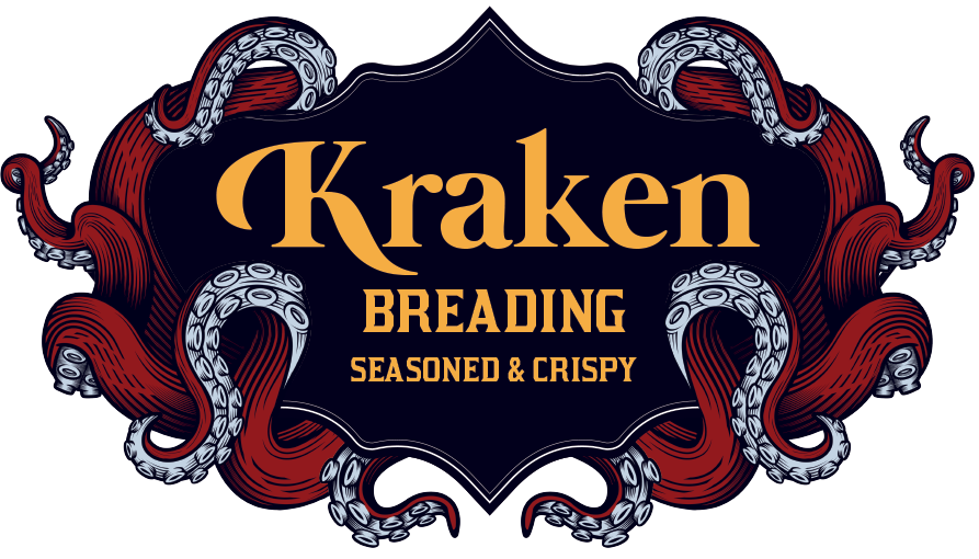 A logo for kraken breading seasoned and crispy