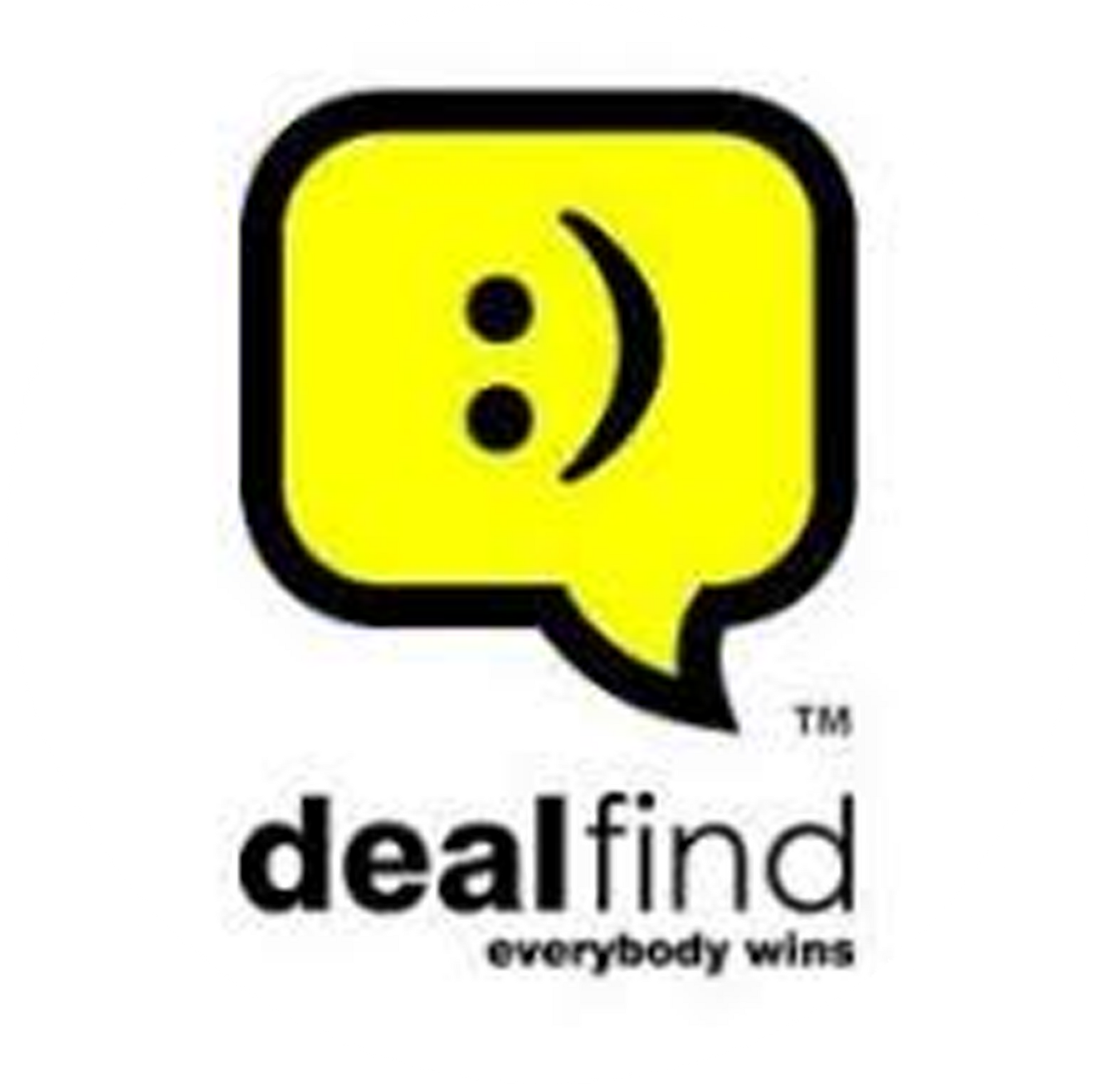 The dealfind logo has a smiley face in a speech bubble.