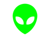 A bright green silhouette of a classic alien head with large, almond-shaped white eyes against a white background.