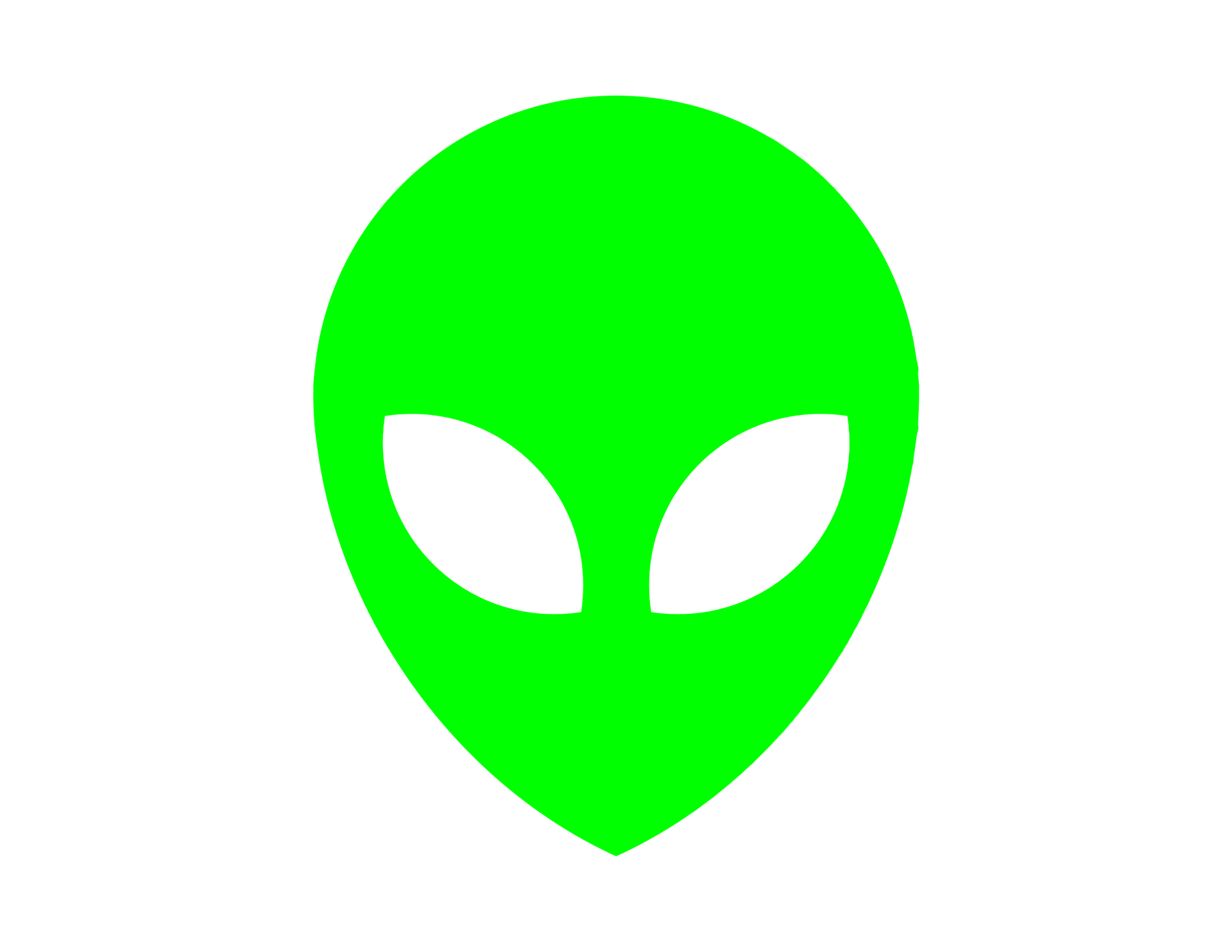 A bright green silhouette of a classic alien head with large, almond-shaped white eyes against a white background.