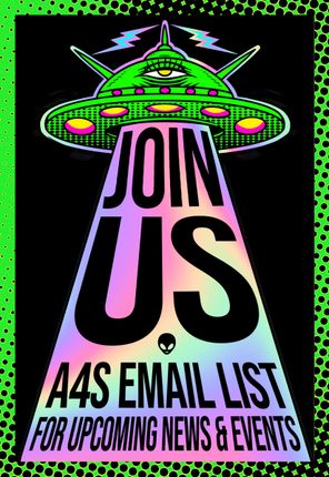 A neon green UFO beams down the words 