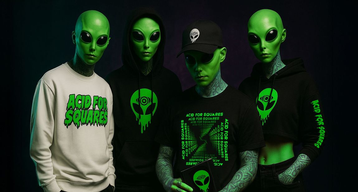 Four people, including three wearing alien masks, stand in neon green clothing and accessories against a dark background.