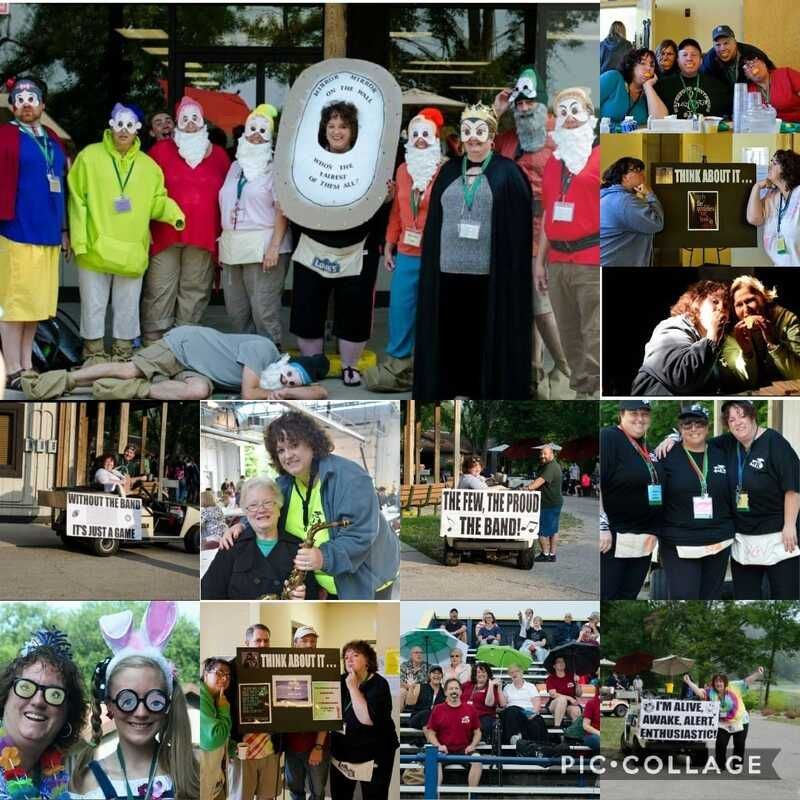 A collage of people in costumes including one that says 