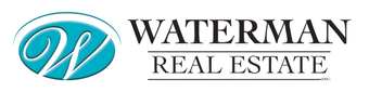 Waterman Real Estate logo with teal wave icon and black text on white background