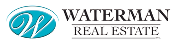 Waterman Real Estate logo with teal wave icon and black text on white background