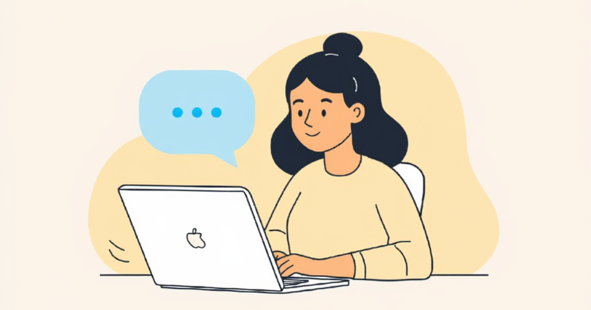 Illustration of a small business owner sitting at a desk with a laptop, smiling, while a friendly