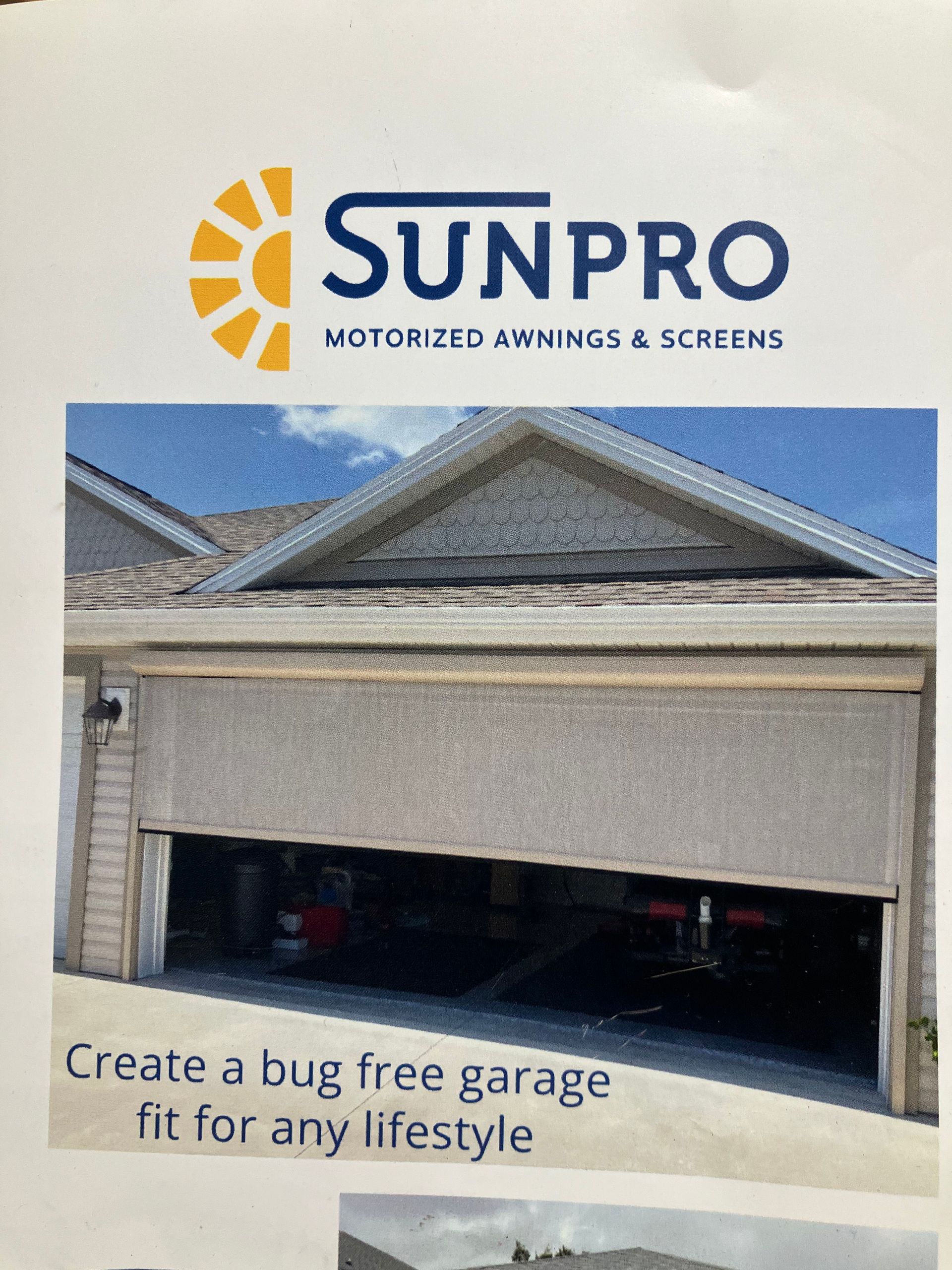 SUNPRO ad showing a house garage with a roller door and text: “Create a bug free garage fit for any lifestyle”
