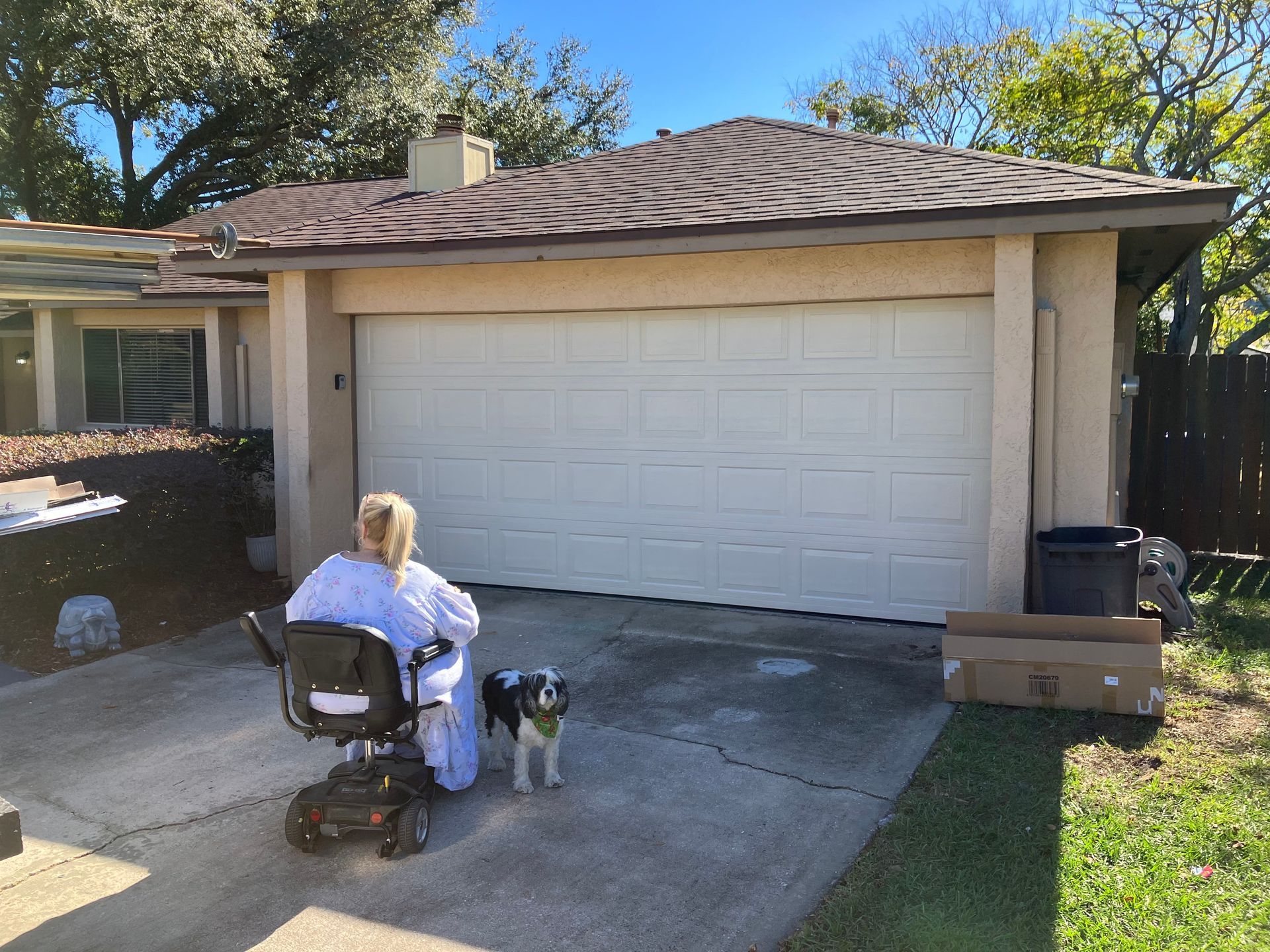 Person in a wheelchair with a small dog on a driveway in front of a garage.
