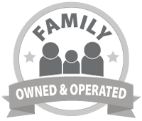 A family owned and operated logo with three people and a ribbon.
