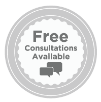 A gray circle with the words `` free consultations available '' and two speech bubbles inside of it.
