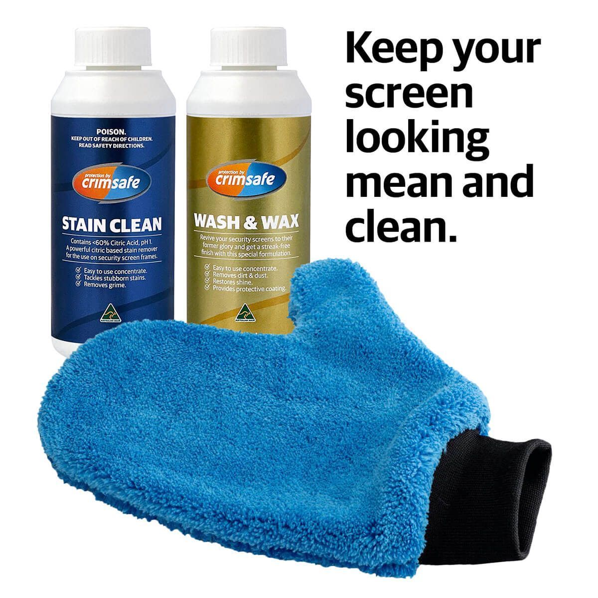 A bottle of stain clean next to a bottle of wash & wax