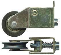 A close up of a sliding glass door roller on a white background.