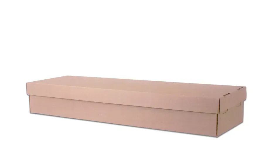 Long rectangular pink cardboard box with a lid on a white background