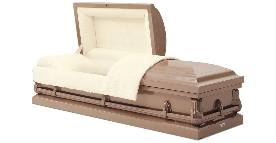 Open casket with beige interior and wooden exterior on a stand