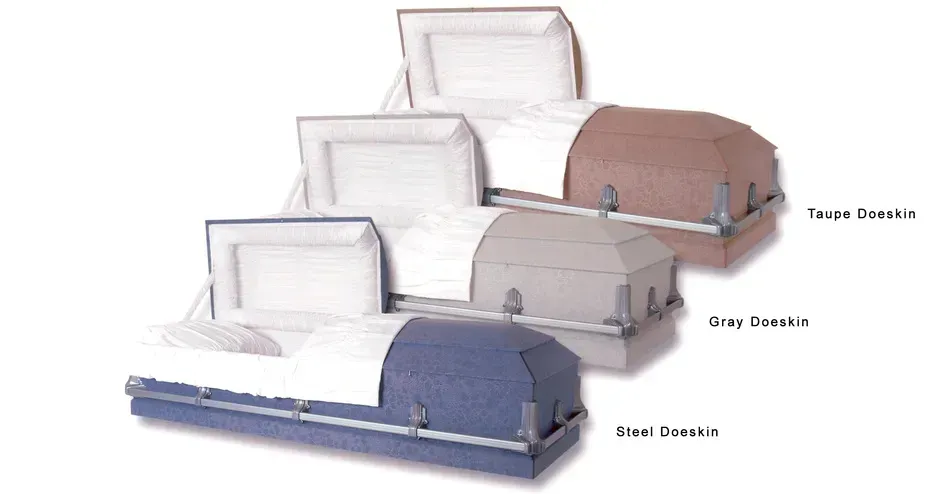 Three casket styles displayed side by side: tan, gray, and blue, with open lids and white interiors.