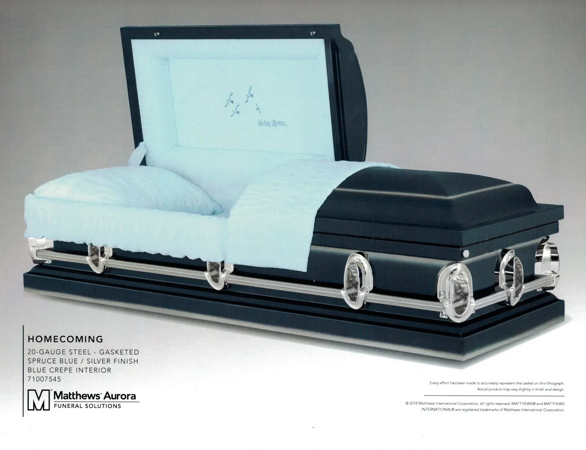 Black-and-white casket with open lid and white interior on a white background