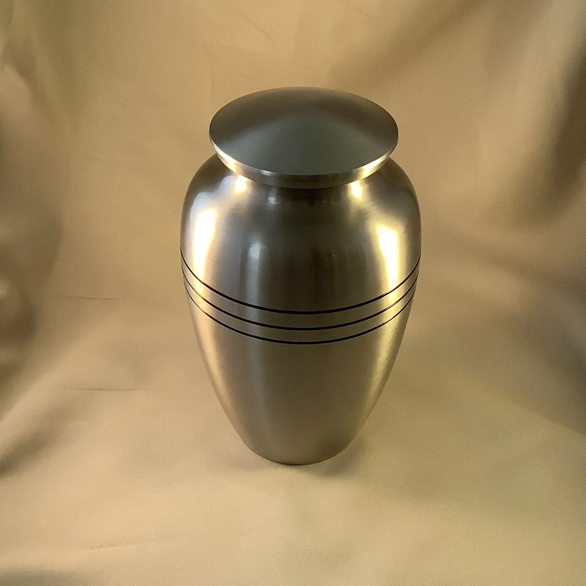 Silver urn-style vase on a beige backdrop with three black rings near the top