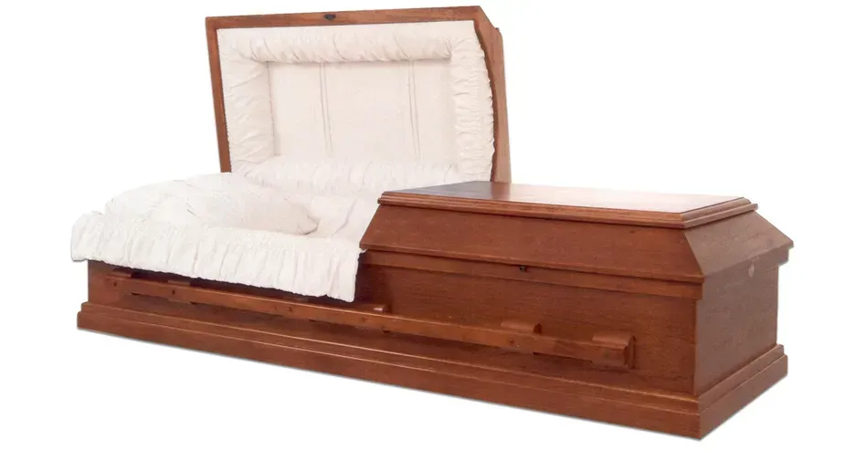 Wooden coffin with open white-lined lid, shown in three-quarter view on a white background
