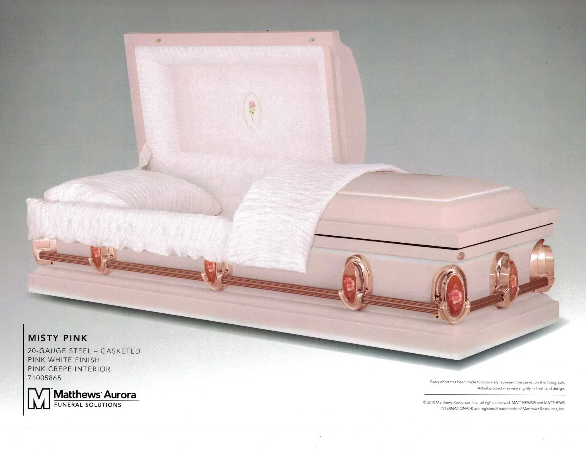 White satin casket with pink trim and rose accents on a white background, lid open with padded interior