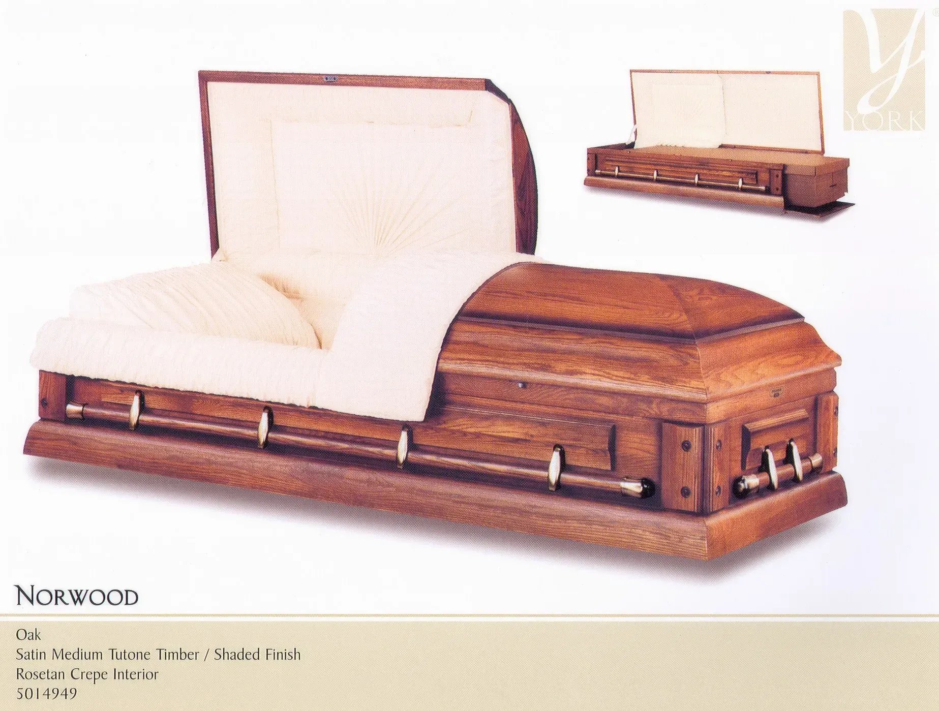 Wooden coffin-shaped sofa with white upholstery and matching ottoman, shown in a catalog-style product photo.