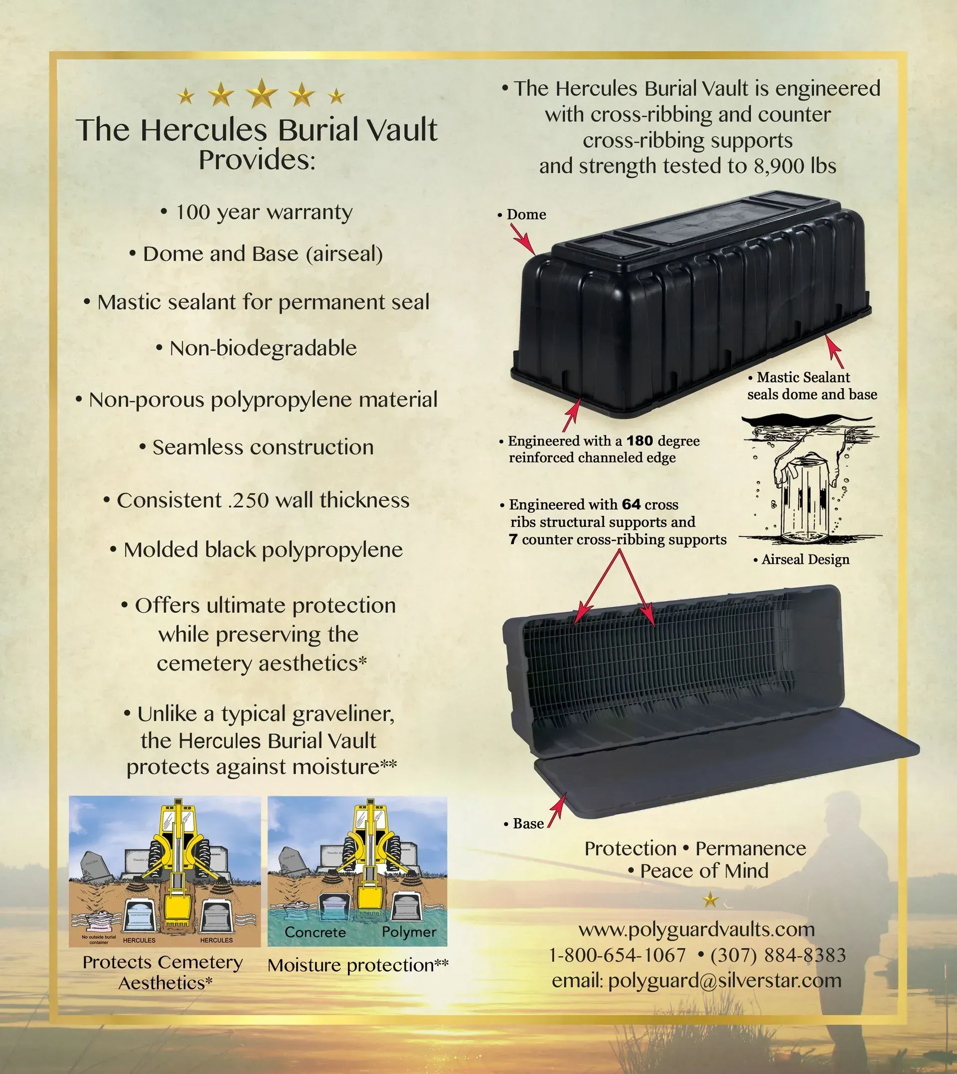 Promotional poster for a black Hercules vault with labeled features and bullet-point product claims