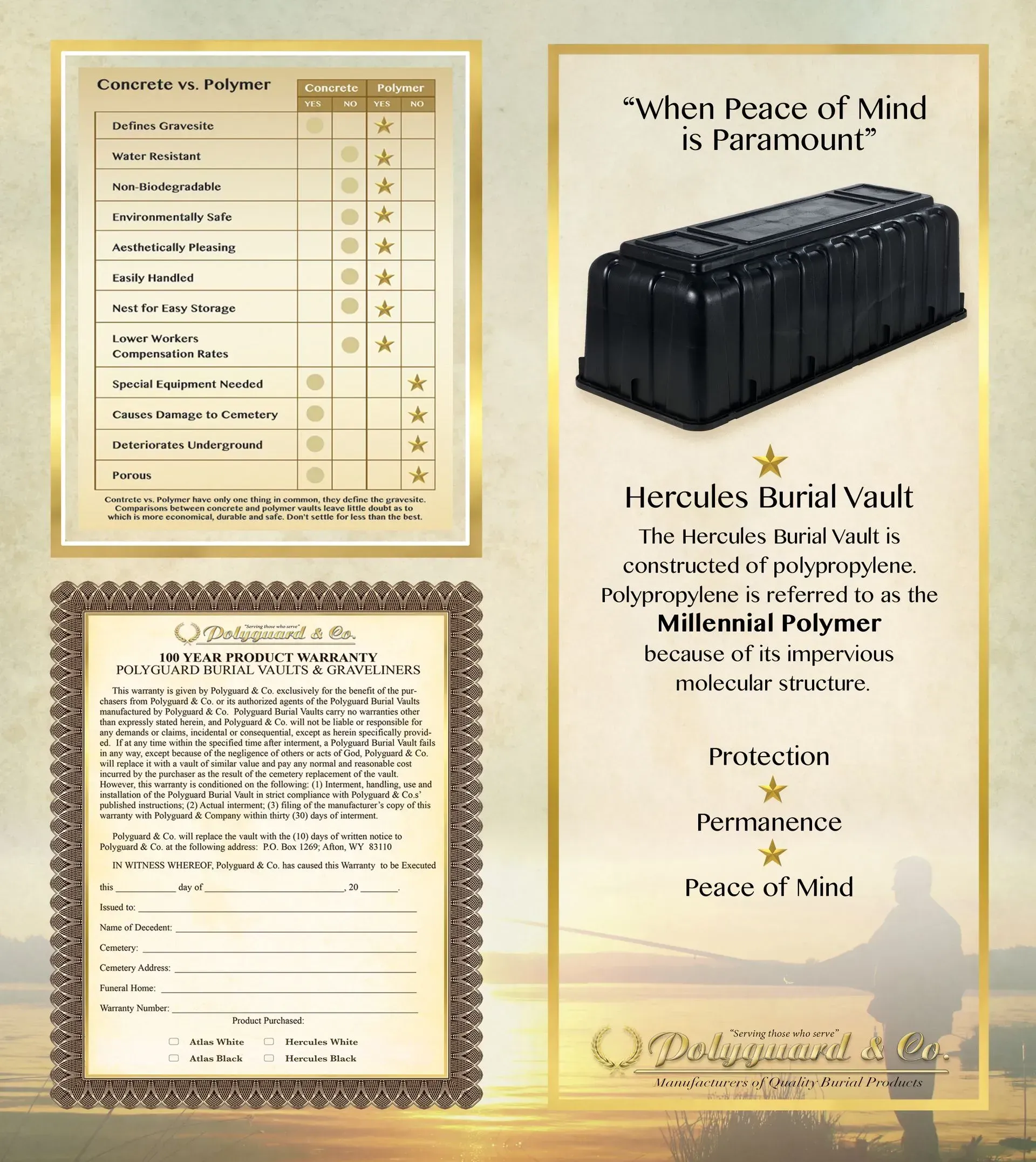 Promotional brochure for a black Hercules Burial Vault, with product details and warranty text on beige background