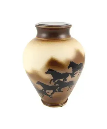 Gold ceramic vase with dark horse silhouettes