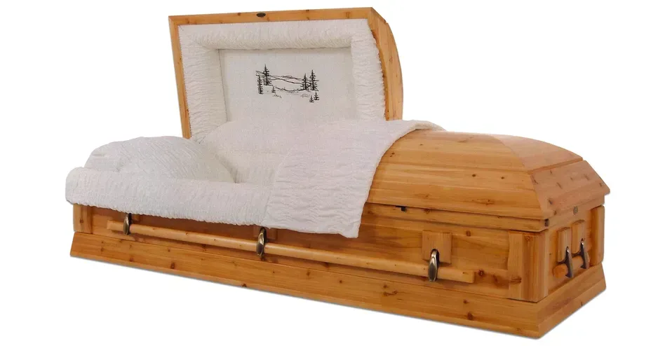 Wooden casket with open lid and white lining, shown on a white background