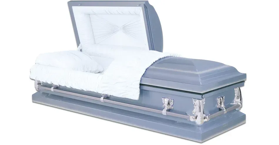 Silver casket with open lid, shown on a plain white background