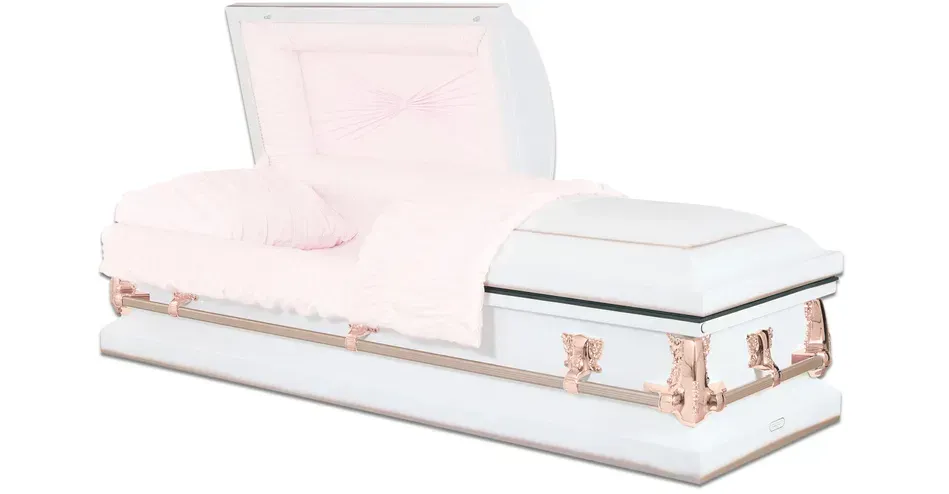 Pink and white funeral casket with floral accents and raised lid